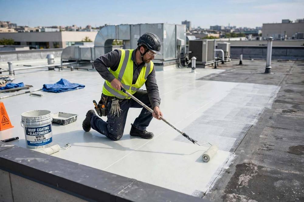 Roof coating applied to a flat roof