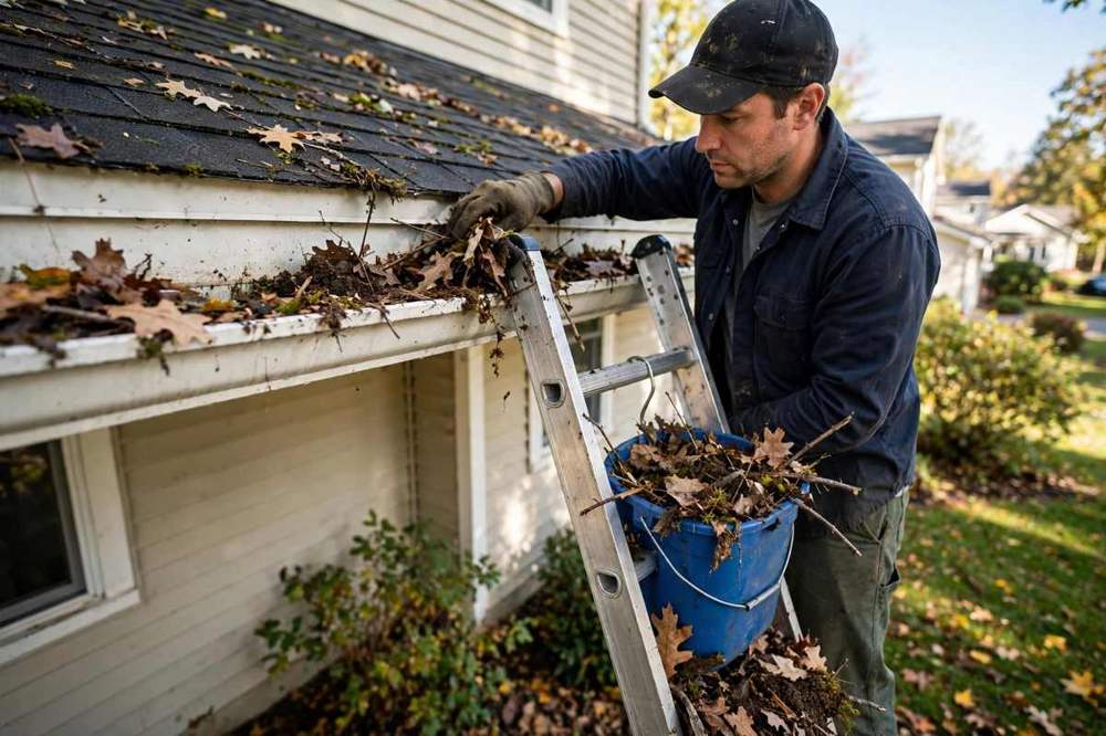 Gutter cleaning from a ladder