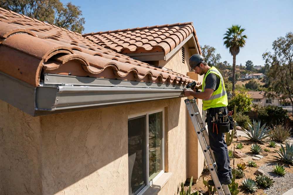 New gutter installation along a roof edge
