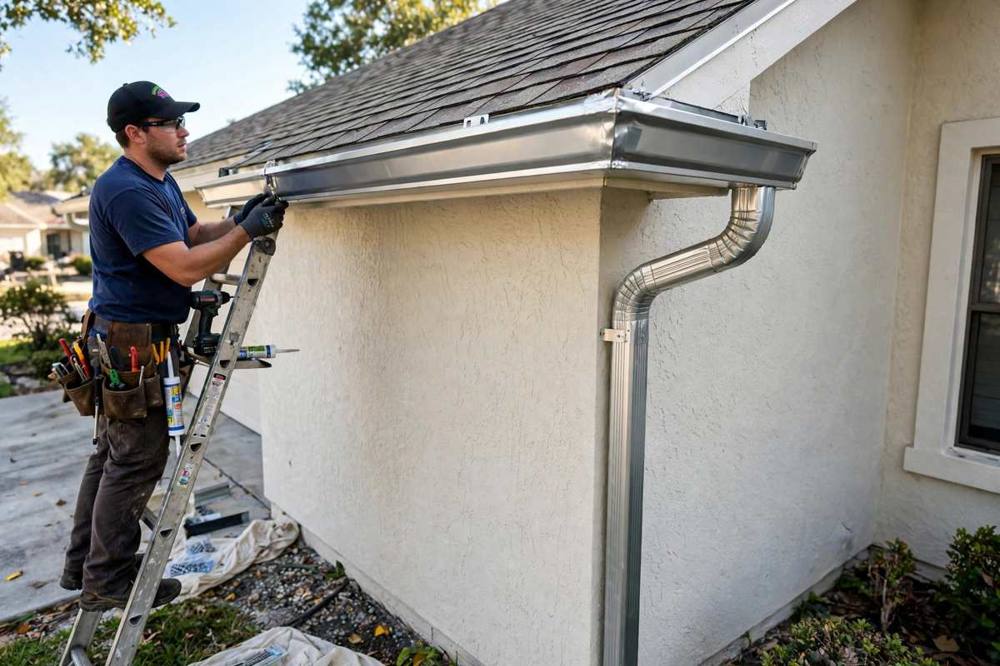 Gutter repair on a residential roof