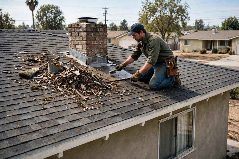 Roof maintenance work on a home roof