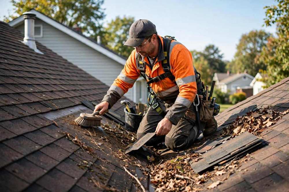 Roof maintenance work on a home roof