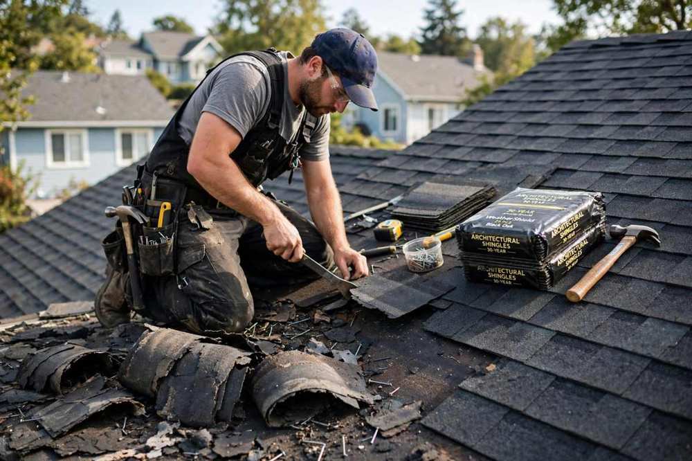 Roof repair work on a pitched roof